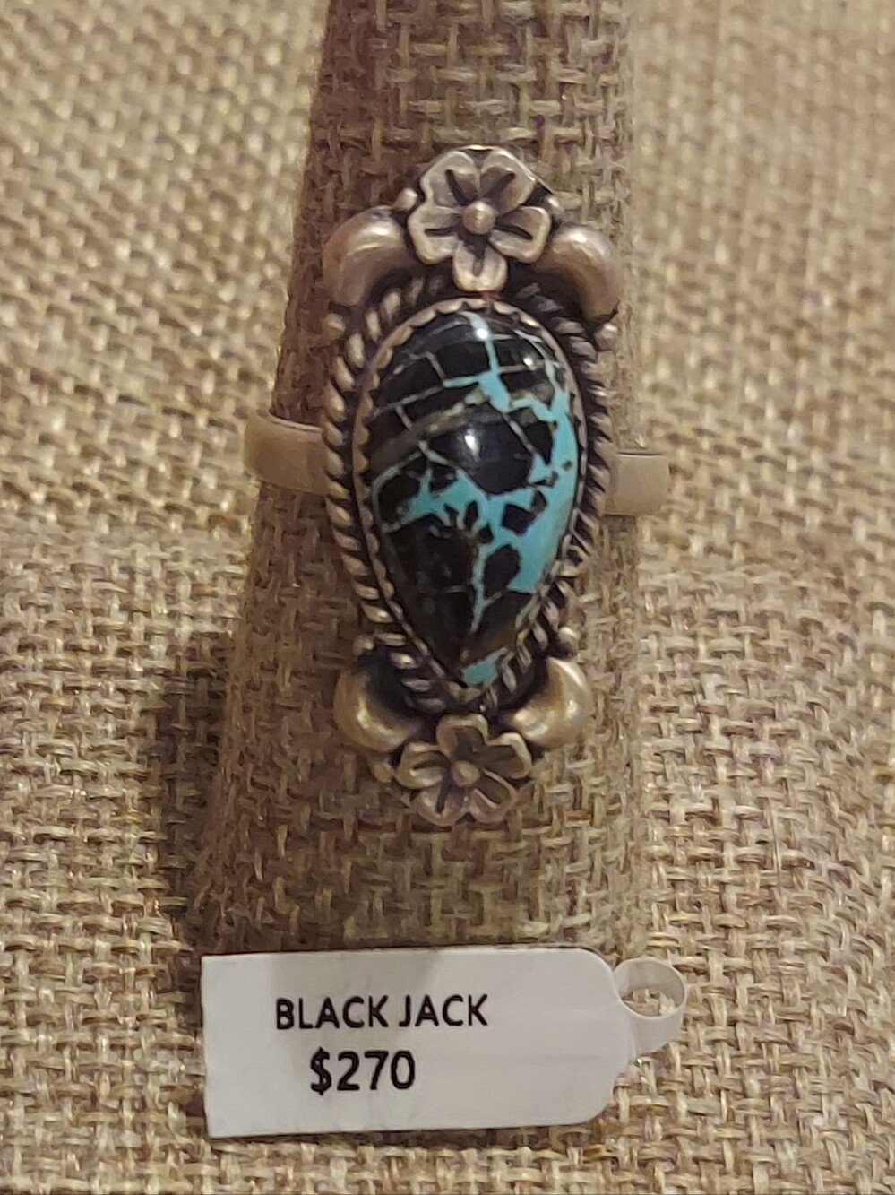New Brushed Sterling Silver & Blackjack Turquoise Adjustable Ring - Picture 7 of 13
